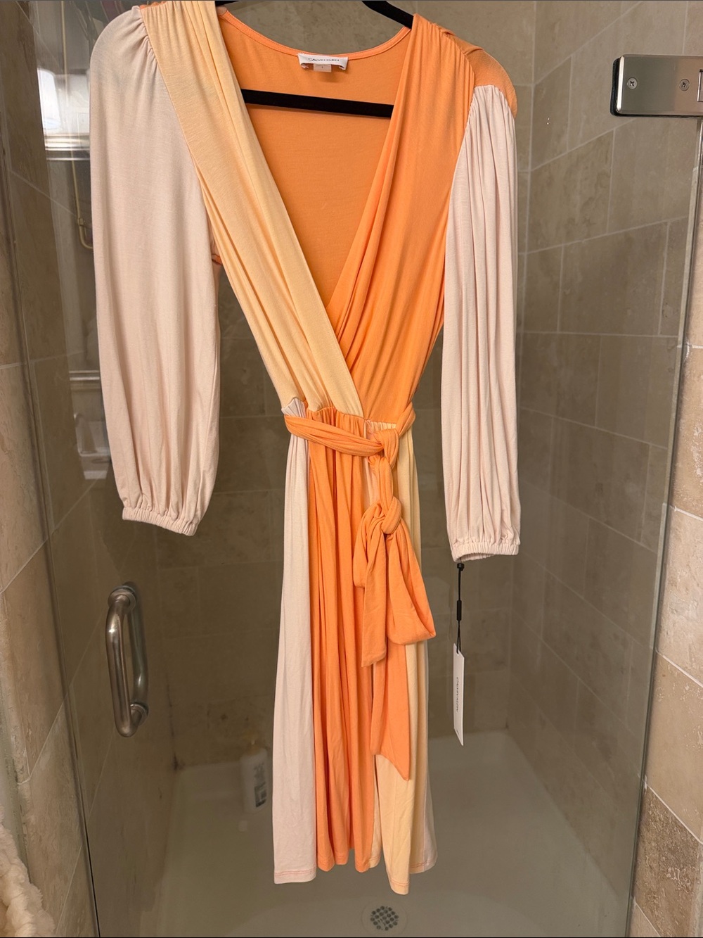 Calvin Klein Peach and Cream Wrap Midi Dress